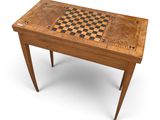 an image of a wooden table with a chess board on top of it