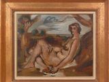 une peinture à l'huile représentant une femme nue assise sur une plage
