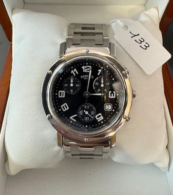 Montre en acier, signée - HERMES - CLIPPER - Ø 40mm - Chrono…