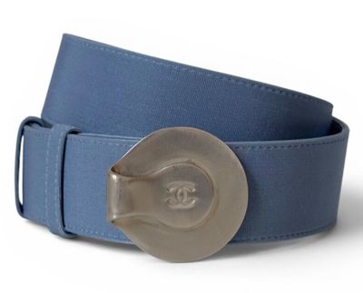 the belt is blue and has a metal buckle on it