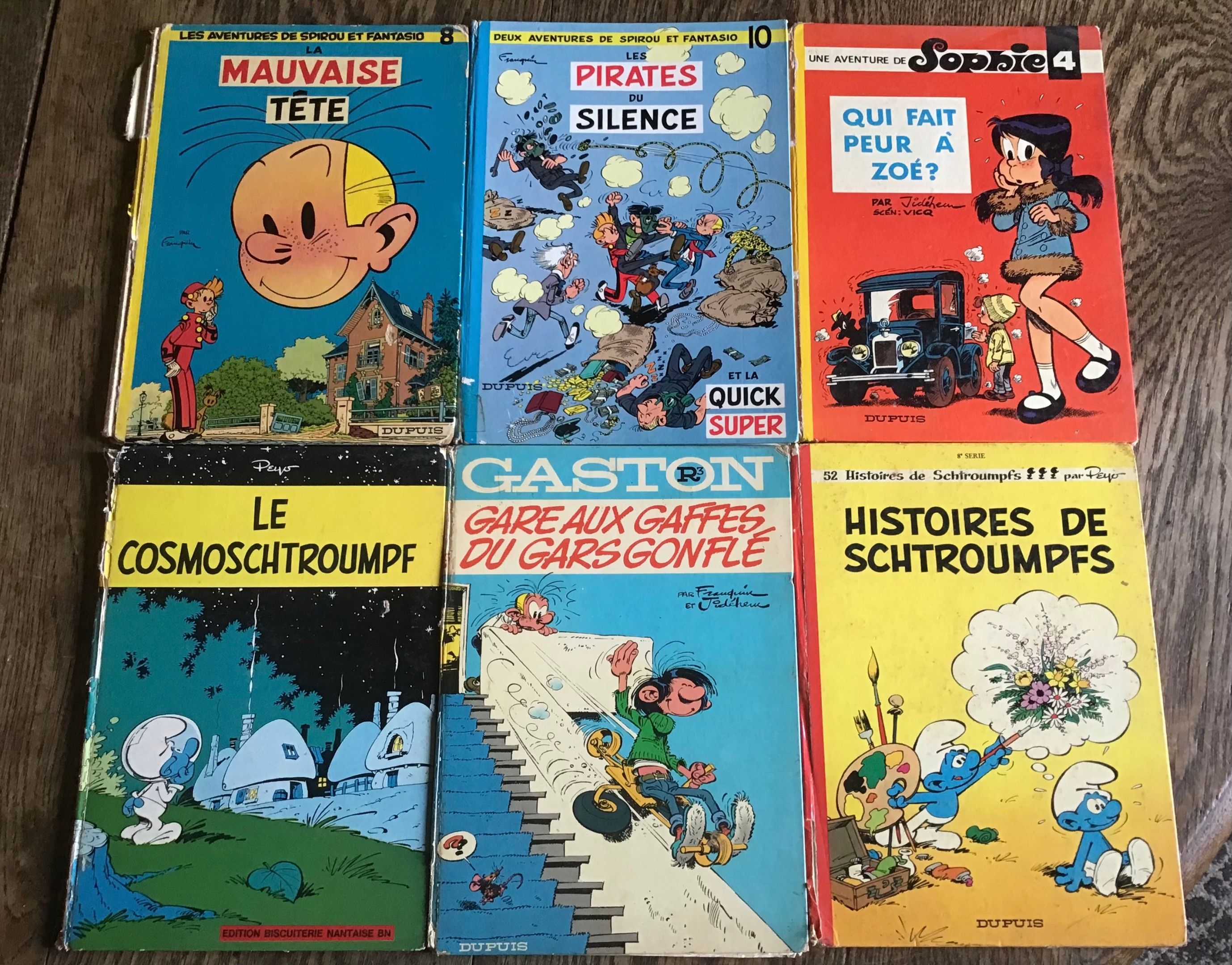 Peyo, Franquin, Jidéhem, Vicq Spirou et Fantasio Sophie Gaston Les Schtroumpfs 6 albums éditions anciennes État d’usage