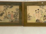 deux tableaux asiatiques encadrés représentant des femmes et des arbres sur fond blanc