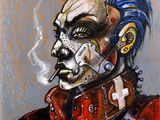un tableau représentant un homme aux cheveux bleus en train de fumer une cigarette