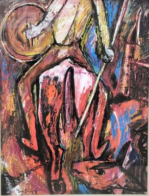 abstract painting of a man riding a horse with a hat on his head