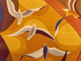 a painting of a sailboat with many birds flying around it