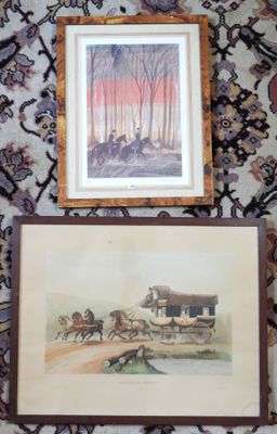 painting of a horse drawn carriage and a picture of a horse drawn carriage