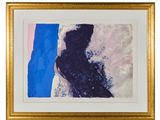 an abstract painting with blue, pink and white paint on a white background
