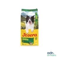 un chien se tient devant un sac de croquettes