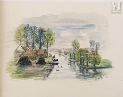 a watercolor painting of a small village on a river