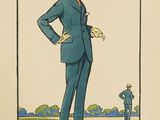 an illustration of a man in a suit and hat standing in a field
