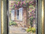 une peinture représentant une maison avec des fleurs à l'extérieur