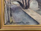 une peinture représentant un pont au-dessus d'une étendue d'eau