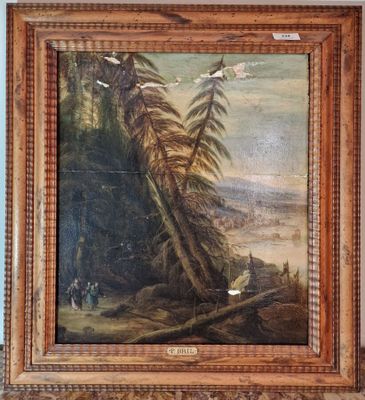 une peinture à l'huile représentant des oiseaux survolant un paysage boisé