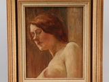 an oil painting of a woman in a white dress sitting on a easel