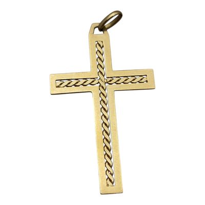 gros plan d'une croix en or sur fond blanc