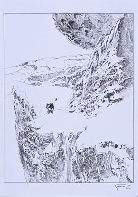 un dessin en noir et blanc représentant un homme sur un snowboard