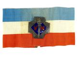 an old flag with a blue, white, and red design