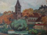 painting of a painting of a church with a river in the foreground and trees in the foreground