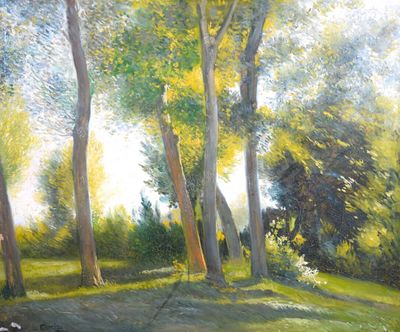un tableau représentant un homme à cheval dans les bois