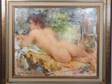 une peinture à l'huile représentant une femme nue allongée sur un lit