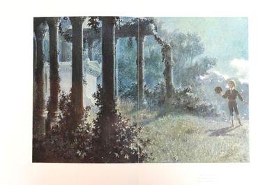 un tableau représentant un garçon tenant un parapluie dans les bois