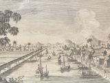 a drawing of a view of a river with boats on it