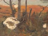 an oil painting of a field with trees and a fence
