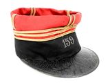 a red and black hat with a number on it