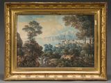a painting of a landscape with a river and a castle in the distance