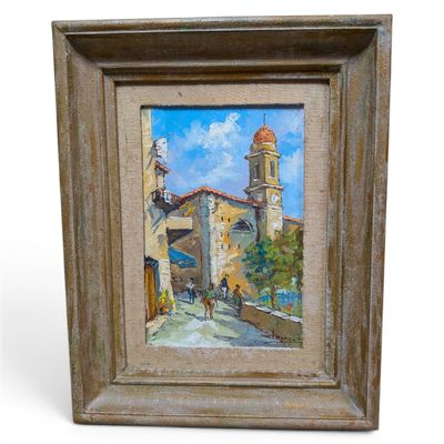 une peinture à l'huile représentant une scène de rue avec une église à l'arrière-plan