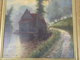 a picture of a painting of a house by the water