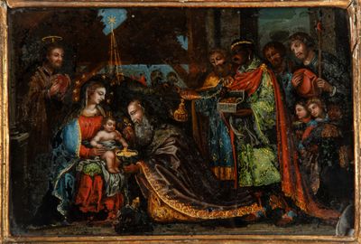 une image représentant un tableau où l'on voit un homme tenant un bébé dans une crèche