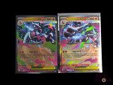 two pokemon cards are sitting side by side on a black background