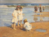 a painting of children playing on the beach by the water