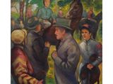 un tableau représentant un groupe de personnes rassemblées autour d'un cheval