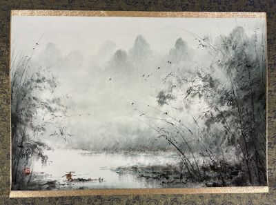 chinese painting of a boat on a river with mountains in the background