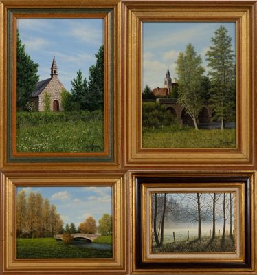 quatre tableaux représentant une église, un pont, une rivière et un champ