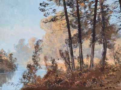 a painting of a river with trees in the foreground