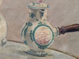 a painting of a vase and a teapot on a table