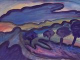 un tableau représentant un paysage avec des arbres au premier plan