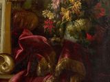 a painting of a clock and a vase of flowers on a table
