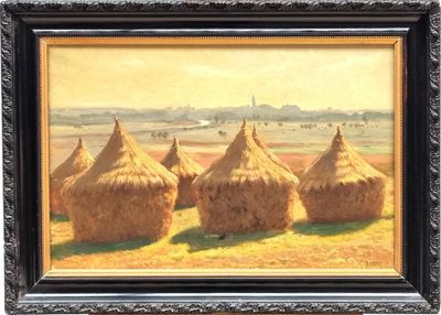 an oil painting of straw bales in a field with mountains in the background
