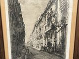 un dessin représentant une scène de rue avec des bâtiments et une calèche