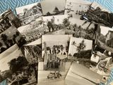 several old black and white photos of people and animals on a bed