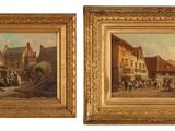 paire de peintures à l'huile anglaises du XIXe siècle représentant une scène de marché