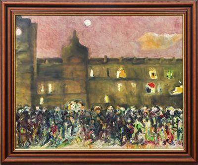 an oil painting of a cityscape with a full moon in the background