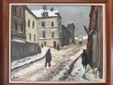 an oil painting of people walking down a snowy street in a town