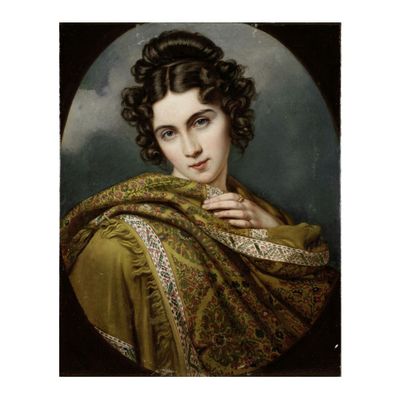 un tableau représentant une femme en robe verte, avec un châle autour du cou