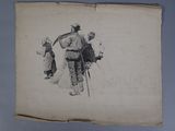 un vieux dessin représentant un homme tenant un chien et un chat