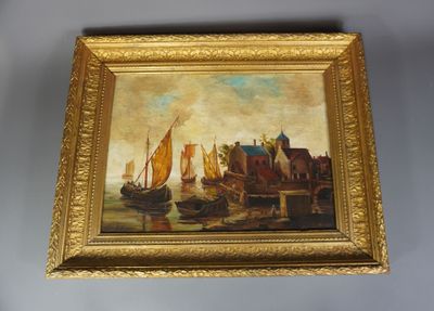 une peinture à l'huile représentant des bateaux dans un port avec des bâtiments à l'arrière-plan